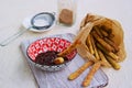 Churros, sweet fried fried choux pastry dough, sprinkled with sugar and ground cinnamon. Served with chocolate sauce.