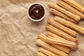 Churros traditional homemade Spain breakfast or lunch meal street fast food baked sweet