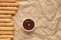 Churros traditional Spain breakfast or lunch street fast food baked sweet dough snack dessert with chocolate dipping