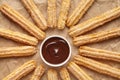 Churros traditional Spain breakfast or lunch street fast food baked sweet dough snack