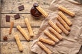 Churros traditional Spanish breakfast homemade sweet dough dessert pastry street food Royalty Free Stock Photo