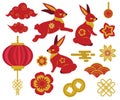 Chuseok, Mid autumn festival set of Chinese style design element with rabbit, clouds, lanterns. Year of the rabbit