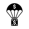 Chute, drop, landing, dollar icon. Black vector graphics