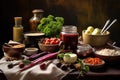 chutney-making process with ingredients, utensils, and jar on table