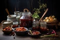 chutney-making process with ingredients, utensils, and jar on table