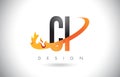 CI C I Letter Logo with Fire Flames Design and Orange Swoosh.