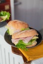 Ciabatta baguette sandwiches with ham, cheese and lettuce Royalty Free Stock Photo