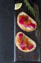 Ciabatta with beet Gravlax salmon with caviar Royalty Free Stock Photo