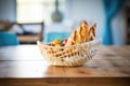 ciabatta bread basket on rustic wood table Royalty Free Stock Photo