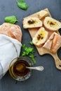 Ciabatta bruschetta bread, olive oil and parmesan cheese Royalty Free Stock Photo