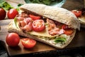 Ciabatta sandwich with arugula salad, bacon and yellow cheese