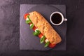Ciabatta sandwich with caprese salad with coffee. Royalty Free Stock Photo