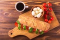 Ciabatta sandwich with caprese salad with coffee. Royalty Free Stock Photo