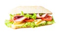 Ciabatta sandwich with lettuce, cheese, tomatoes and ham. Royalty Free Stock Photo