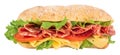 Ciabatta sandwich with lettuce, tomatoes prosciutto and cheese isolated on white background Royalty Free Stock Photo