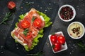 Ciabatta sandwich with salad leaves jamon serrano mozzarella Royalty Free Stock Photo