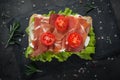 Ciabatta sandwich with salad leaves jamon serrano mozzarella Royalty Free Stock Photo