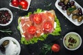 Ciabatta sandwich with salad leaves jamon serrano mozzarella Royalty Free Stock Photo