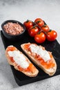 Ciabatta toasts with stracciatella cheese, chopped tomatoes and basil. White background. Top view Royalty Free Stock Photo