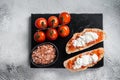 Ciabatta toasts with stracciatella cheese, chopped tomatoes and basil. White background. Top view Royalty Free Stock Photo