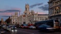 Cibeles building from gran via street at sunset hour in madrid Spain