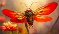 Cicada on a flower. Cicada flies over a red flower. Evening time. Selective focus. AI generated Royalty Free Stock Photo