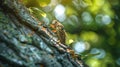 A cicada perched on a tree trunk, basking in the warm sunlight. The insect\'s wings are spread Royalty Free Stock Photo