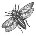Cicadidae insect engraving sketch raster illustration Royalty Free Stock Photo