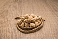 Chickpeas legume. Paper rope around grain. Selective focus.