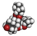 Ciclesonide glucocorticoid drug molecule. 3D rendering. Atoms are represented as spheres with conventional color coding: hydrogen