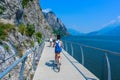 Bicycle road and foot path over Garda lake with beautiful landscape scenery at Limone Sul Garda - travel destination in Brescia, I