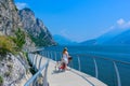 Bicycle road and foot path over Garda lake with beautiful landscape scenery at Limone Sul Garda - travel destination in Brescia, I