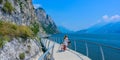 Bicycle road and foot path over Garda lake with beautiful landscape scenery at Limone Sul Garda - travel destination in Brescia, I