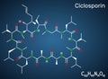 Ciclosporin, cyclosporine, cyclosporin molecule. It has immunomodulatory properties, prevent organ transplant rejection, treat Royalty Free Stock Photo