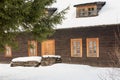 Cicmany, Slovakia. Old wooden houses in Slovakia village Cicmany in winter. The ornaments from Cicmany, and the Slovak folk patter