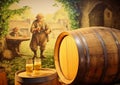 cider production in antiquity. Fat monks with a glass of cider in their hands among oak barrels, with apples in the background