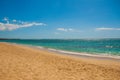 Cienfuegos, Cuba, Rancho Luna Beach. Caribbean sea surface summer wave background. Exotic water landscape with clouds on horizon.