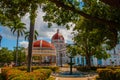 CIENFUEGOS, CUBA: View of Parque Jose Marti square in Cienfuegos. The municipality and the rotunda with a red dome.
