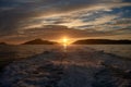 Cies Islands in Galicia Spain seen from the boat returning to Vigo at sunset. Royalty Free Stock Photo