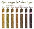 Cigar wrapper leaf colors types: Claro, Double Claro, Colorado Claro, Colorado, Colorado Maduro, Maduro and Oscuro Royalty Free Stock Photo