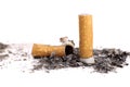 Cigarette butts with ashes on a white background Royalty Free Stock Photo