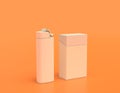 Cigarette pack and lighter white plastic bad habit products in yellow orange background, flat colors, single color, 3d rendering