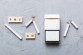 Cigarette And Wooden Blocks, Broken cigarette on table background, No Tobacco Day with hourglass, clock health concept Royalty Free Stock Photo