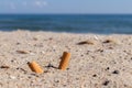 Cigarettes in the sand environmental pollution and nature Royalty Free Stock Photo