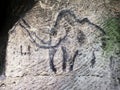 Cildren art in sandstone cave. Black carbon mammoth paint