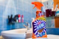 Cillit Bang liquid cleaner in the bathroom, shallow depth of field.