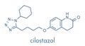 Cilostazol intermittent claudication treatment drug molecule. Inhibitor of phosphodiesterase PDE3. Skeletal formula.