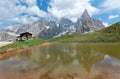 Cimon della Pala among rugged peaks of Pale di San Martino reflecting on a mountain lake in Passo Rolle