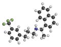 Cinacalcet hyperparathyroidism drug molecule. Atoms are represented as spheres with conventional color coding: hydrogen (white), Royalty Free Stock Photo