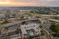 Cincinnati, Ohio highway traffic. Above view of wide freeway junction at sunset with fast driving cars. USA Royalty Free Stock Photo